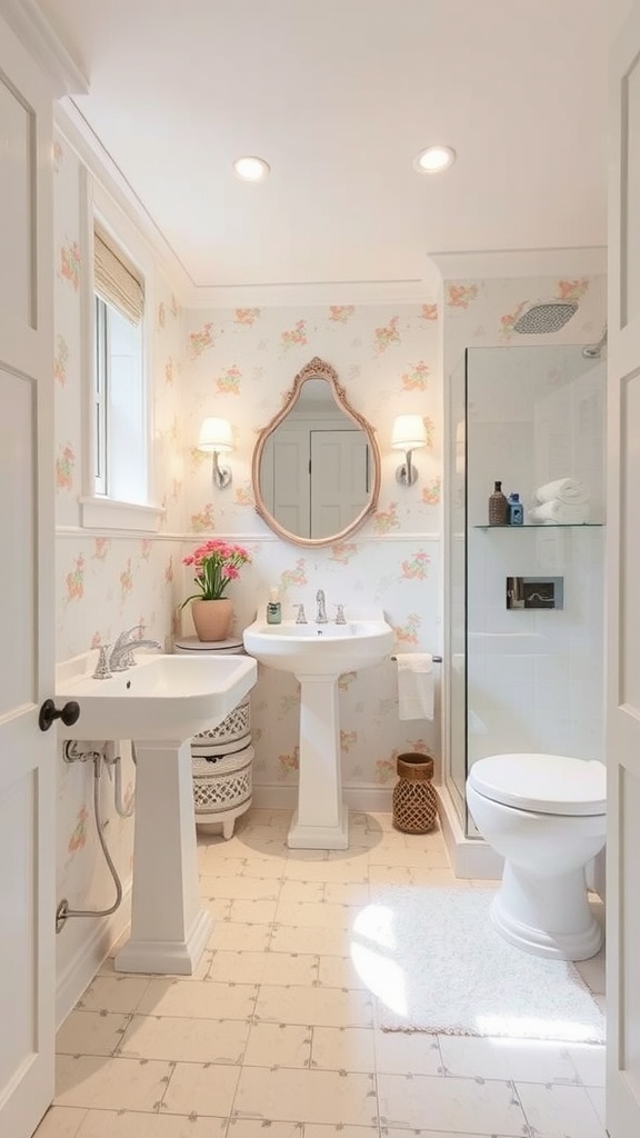 A cozy ensuite bathroom featuring floral wallpaper, a pedestal sink, and a glass shower, creating a whimsical atmosphere.