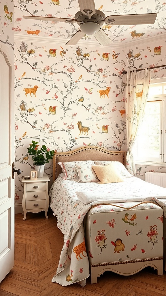 A cozy French cottage bedroom with whimsical wallpaper featuring playful animals and flowers, complemented by floral bedding and wooden flooring.