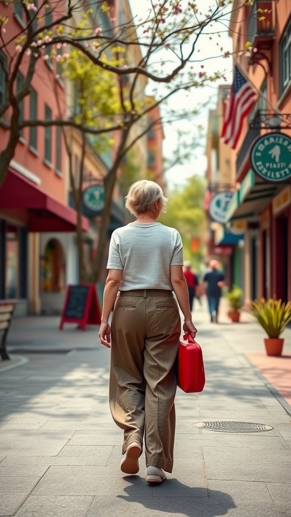 A person walking in wide-leg trousers on a sunny street with shops and trees.