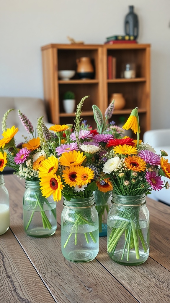 Colorful wildflower bouquets in glass jars on a wooden table