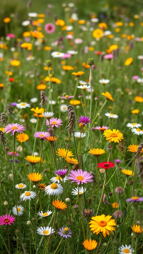 A colorful wildflower meadow filled with various blooming flowers