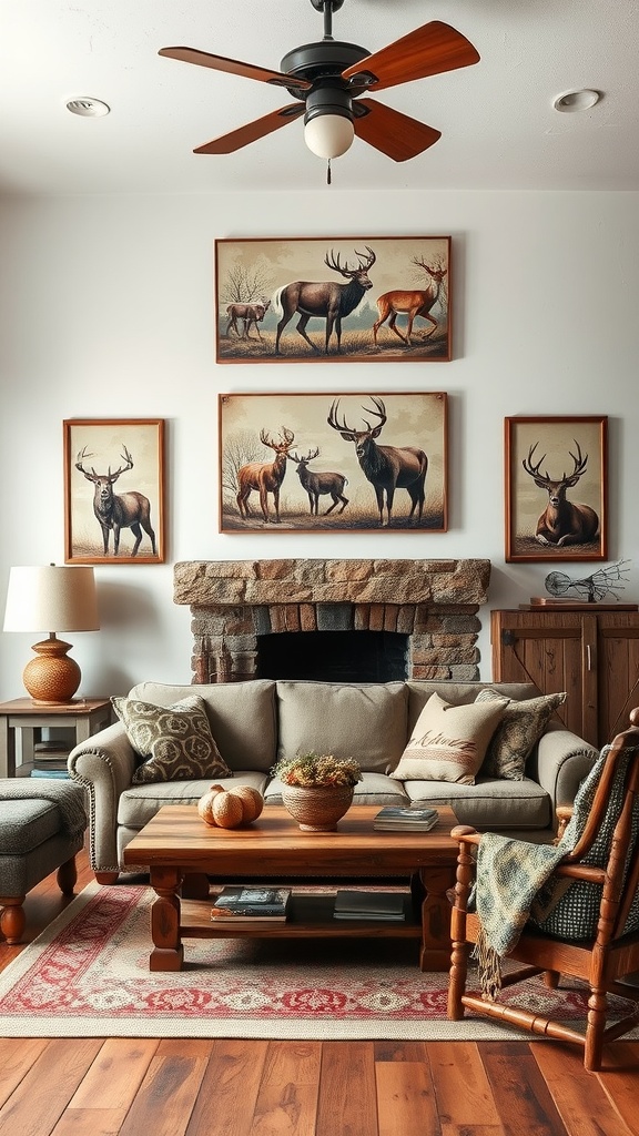 A cozy living room with wildlife-inspired artwork featuring deer and elk on the wall, a comfortable couch, and a stone fireplace.