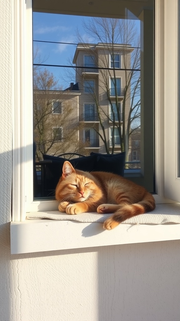 A cat sleeping peacefully on a window perch with sunlight streaming in.