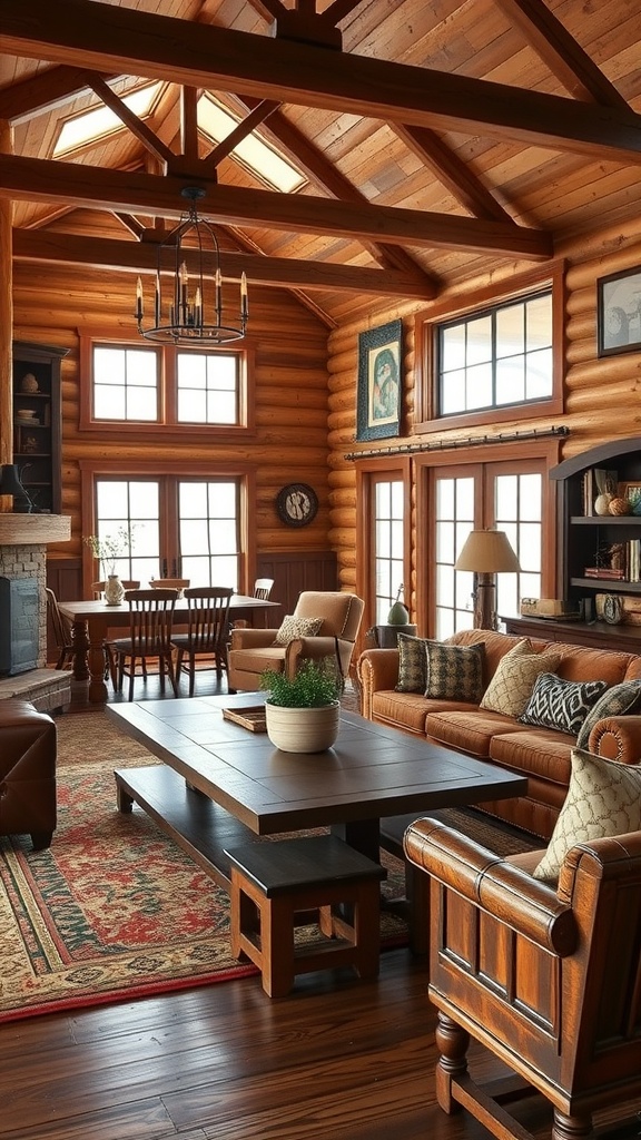 A ranch-style living room featuring wooden accents, a leather sofa, and a large coffee table.