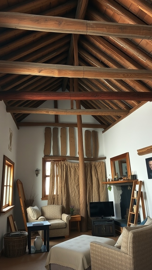 A living room featuring wooden beams and structures, with cozy furniture and natural decor elements.