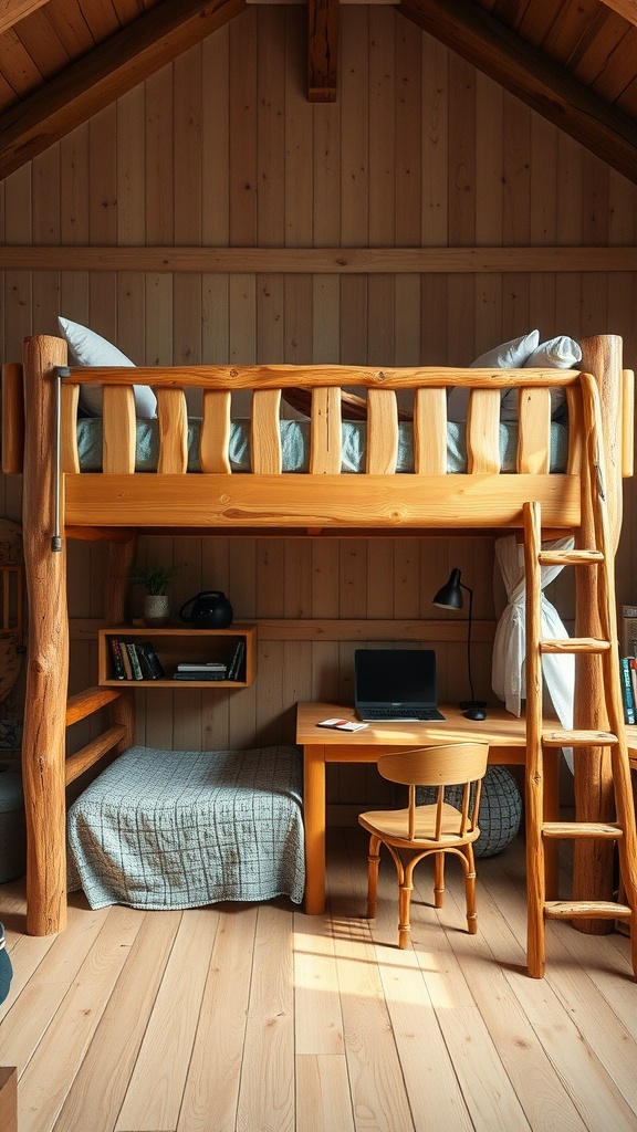 A wooden loft bed with a desk underneath, featuring a cozy setup with books and a computer.