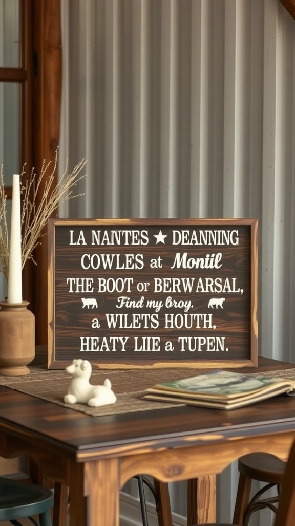 A rustic wooden sign with cowboy-themed phrases displayed on a table.