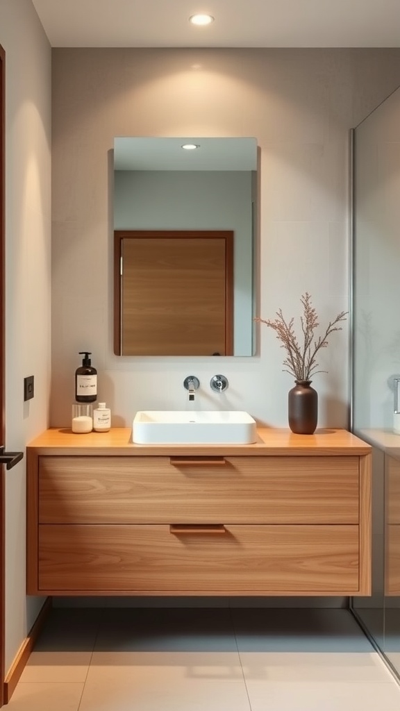 Wooden vanity with clean lines in a modern Japanese bathroom