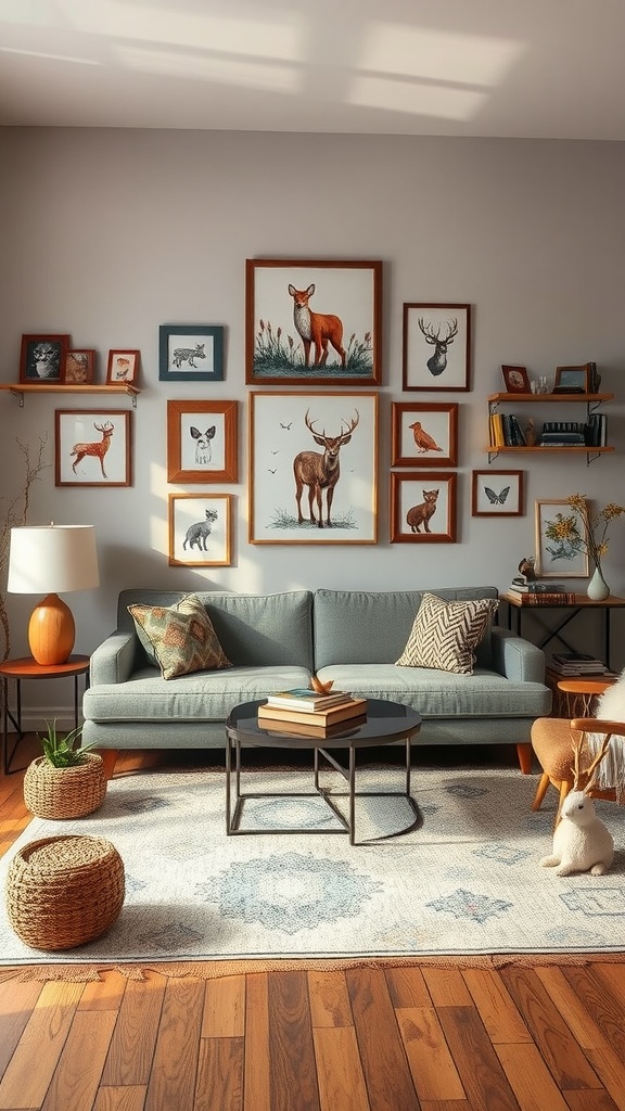 Cozy woodland-themed living room with nature-inspired decor and wall art