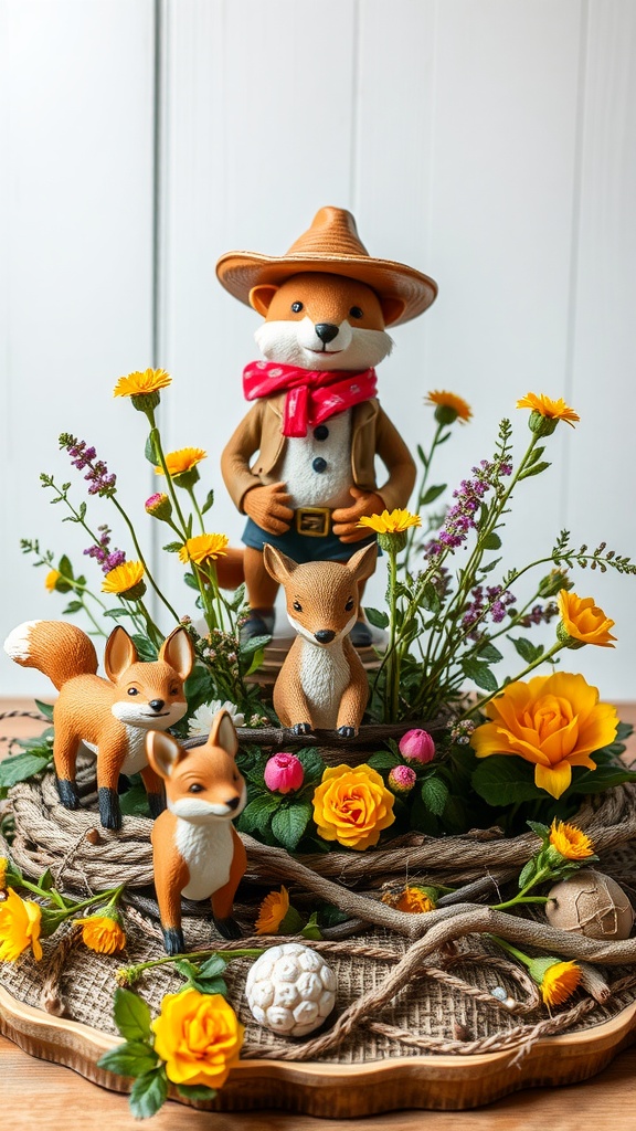 A cowboy-themed centerpiece featuring fox figurines and colorful flowers.