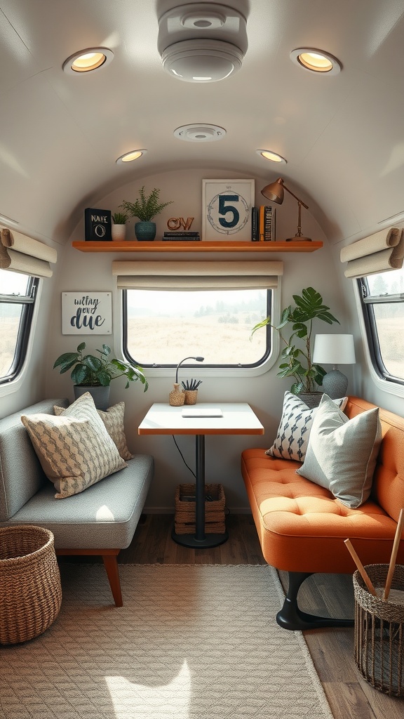 Cozy workspace nook in a trailer house living room with a table and seating.