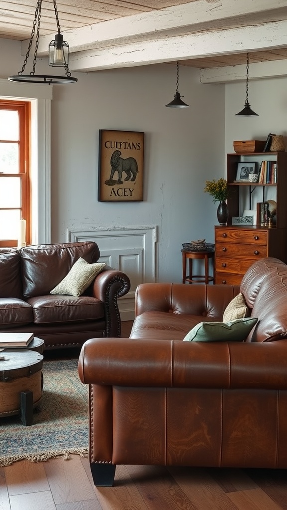 Living room featuring worn-in leather seating with a rustic wood coffee table and cozy pillows.