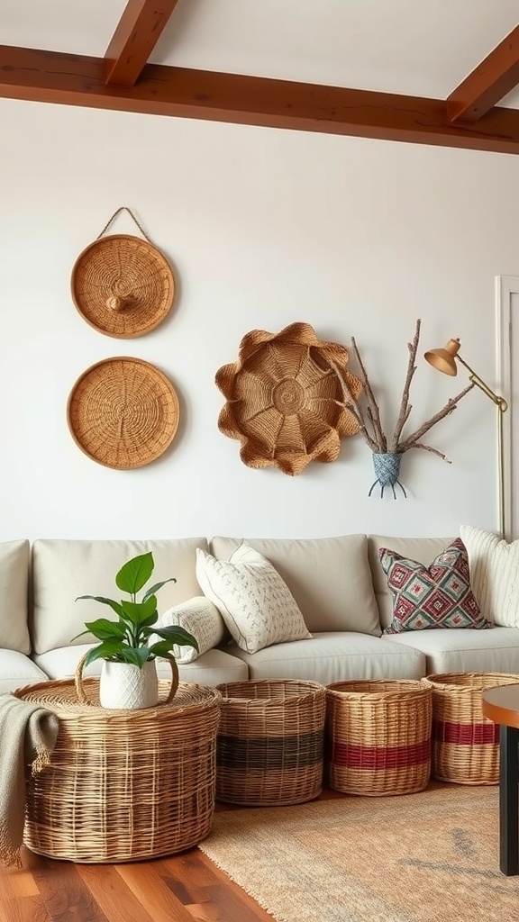 A cozy living room with woven baskets used for storage, featuring a light-colored sofa and decorative pillows.