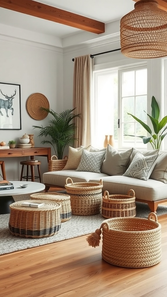 A modern boho living room featuring woven baskets used for storage, with a light-colored sofa, wooden accents, and plants.