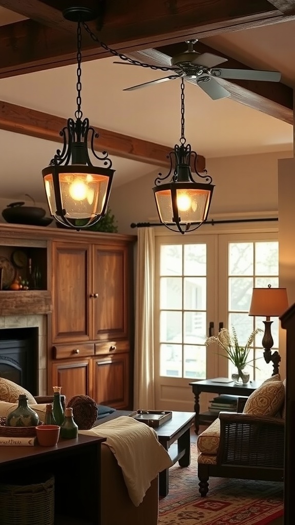 Interior view of a cozy living room featuring wrought iron light fixtures.