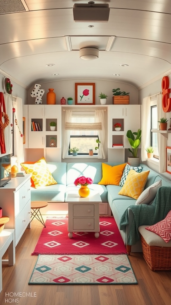 A vibrant living room in a mobile home featuring colorful cushions, plants, and playful decor elements.