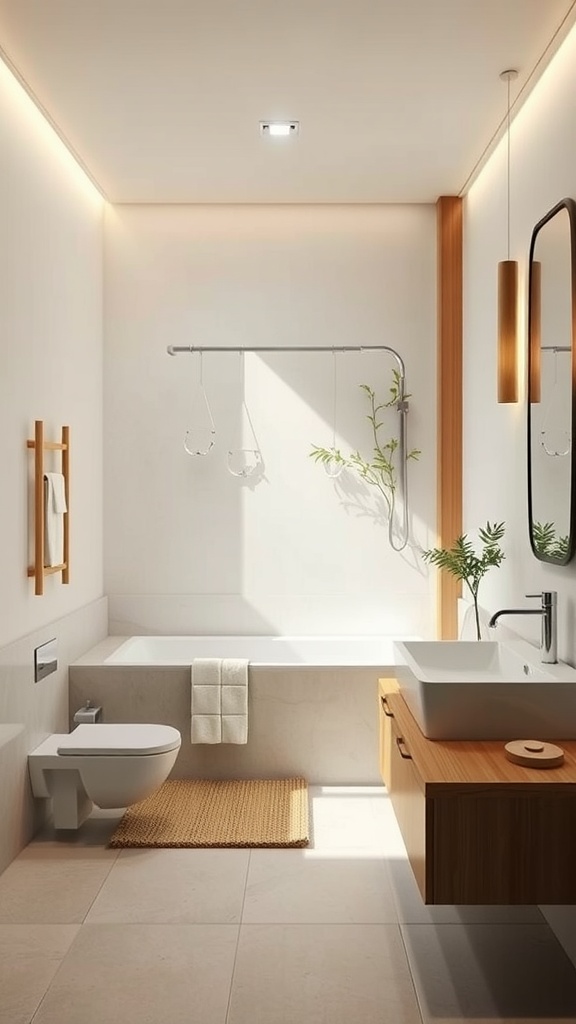 A minimalist bathroom featuring a bathtub, modern sink, and natural elements like plants and wood.