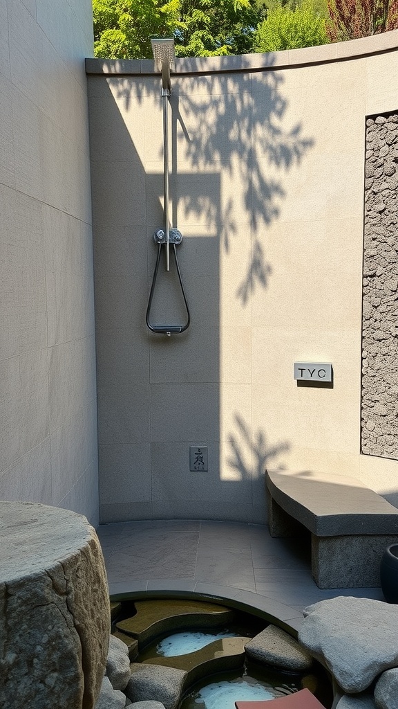 Outdoor shower design with a minimalist style and a Zen garden ambiance.