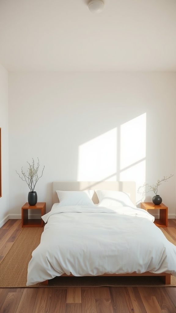 Minimalist bedroom with white bedding, wooden accents, and natural light.