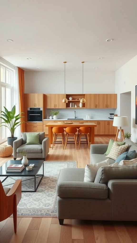 A cozy living room and kitchen space featuring a gray sofa, colorful chairs, and natural light