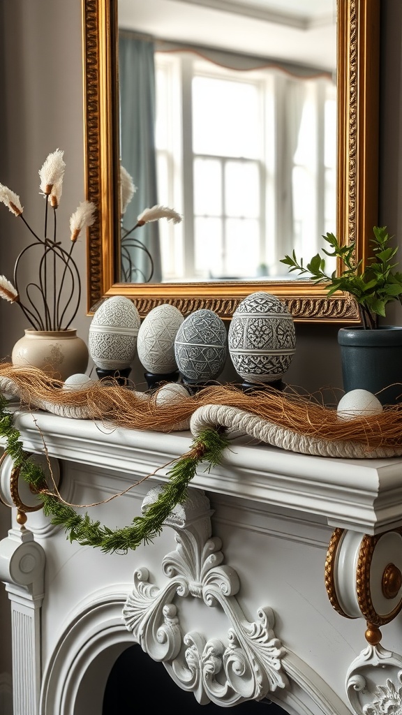 Elegant mantel display featuring intricately designed eggs and greenery.