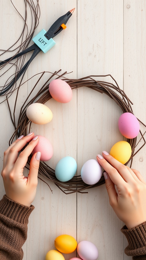 Hands attaching colorful eggs to a grapevine wreath on a wooden surface.