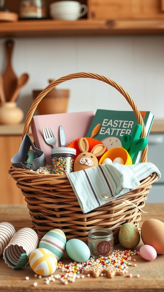 A wicker basket filled with baking supplies, including a cookbook, baking tools, and colorful sprinkles, placed on a kitchen counter.