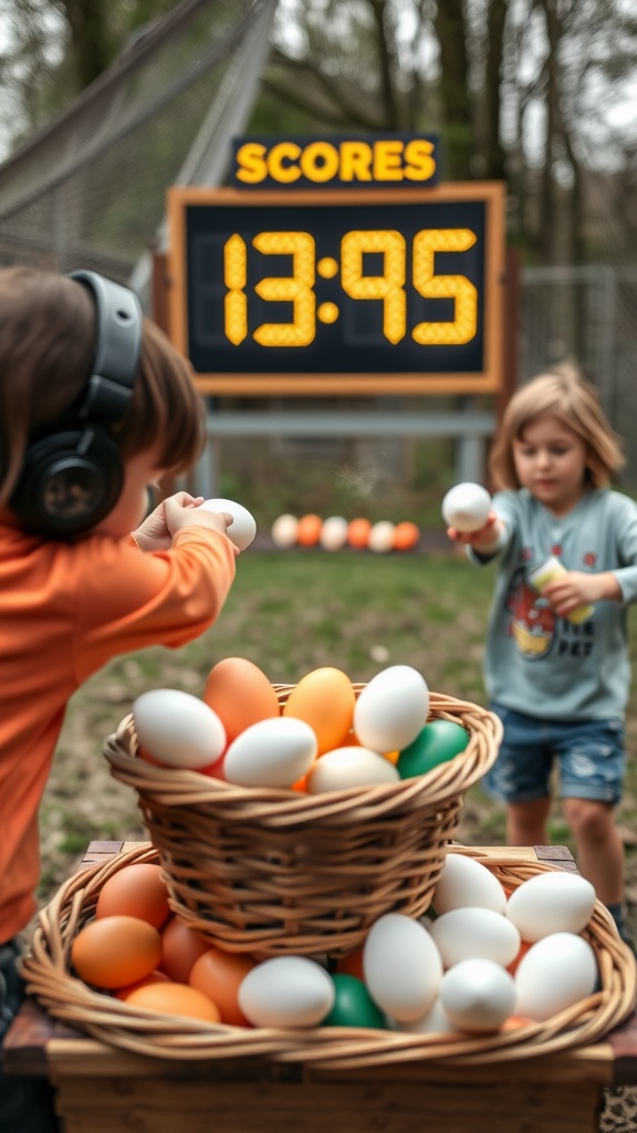 Two children playing Basketball Egg Shoot with colorful eggs and a scoreboard