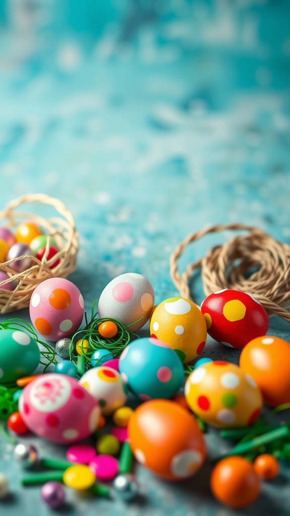 Colorful beaded Easter eggs scattered on a blue background with decorative accessories