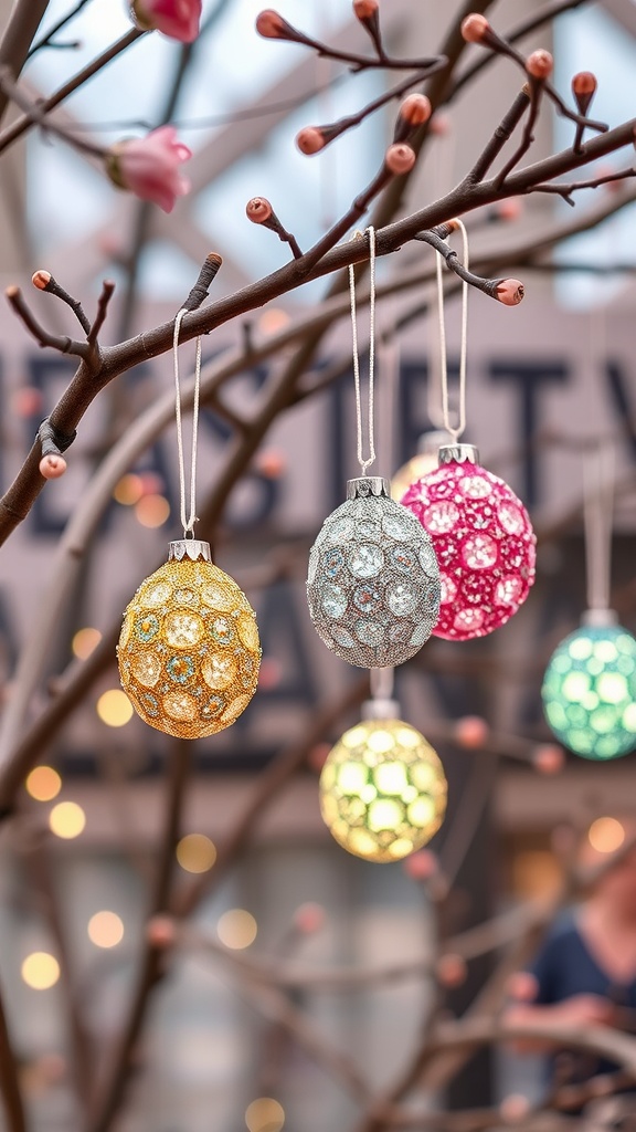 Colorful beaded Easter egg ornaments hanging from a branch