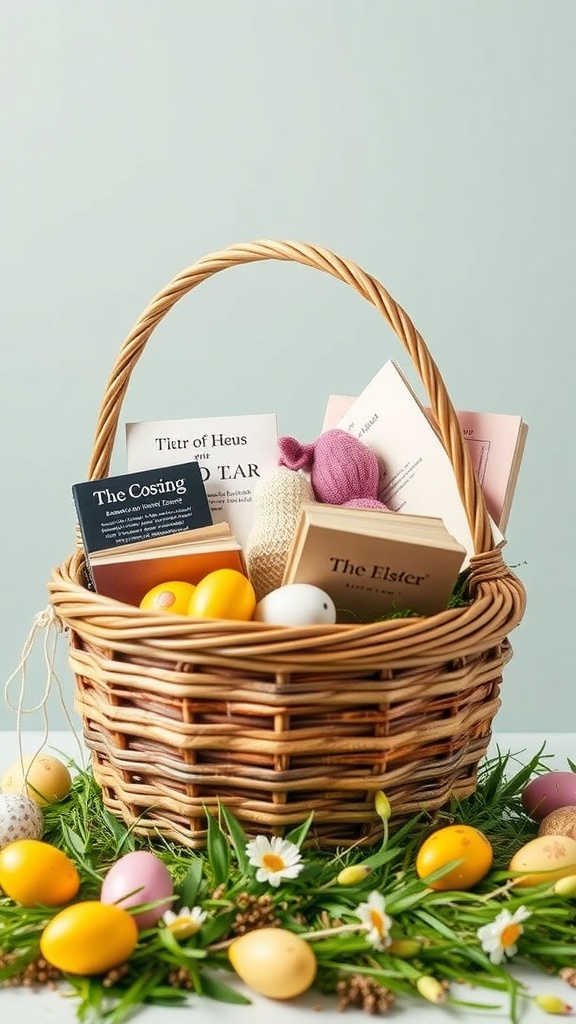 A rustic basket filled with books and colorful plastic eggs, surrounded by greenery and flowers.