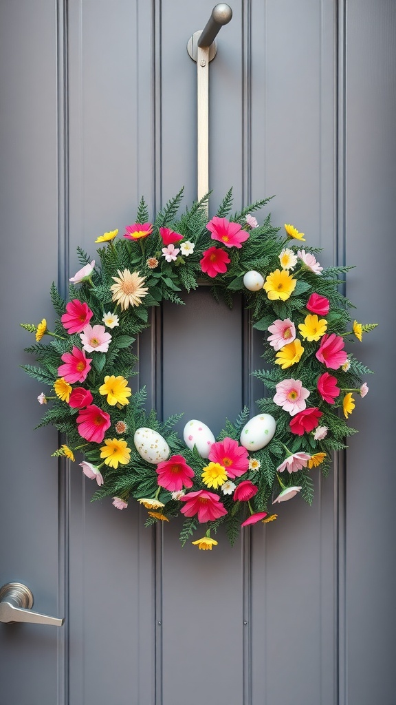 A colorful botanical Easter wreath featuring pink, yellow, and white flowers along with decorative eggs, hanging on a grey door.