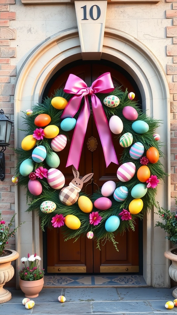 A bright and colorful Easter wreath adorned with eggs, flowers, and a large pink bow, hanging on a door.