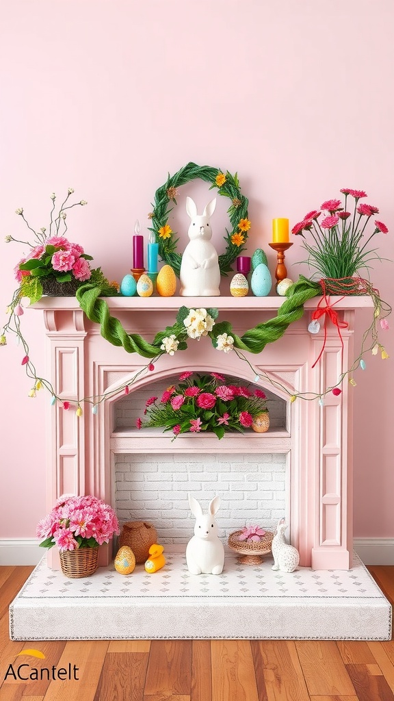 Easter-themed fireplace mantel display with colorful decorations, flowers, and bunny statues.