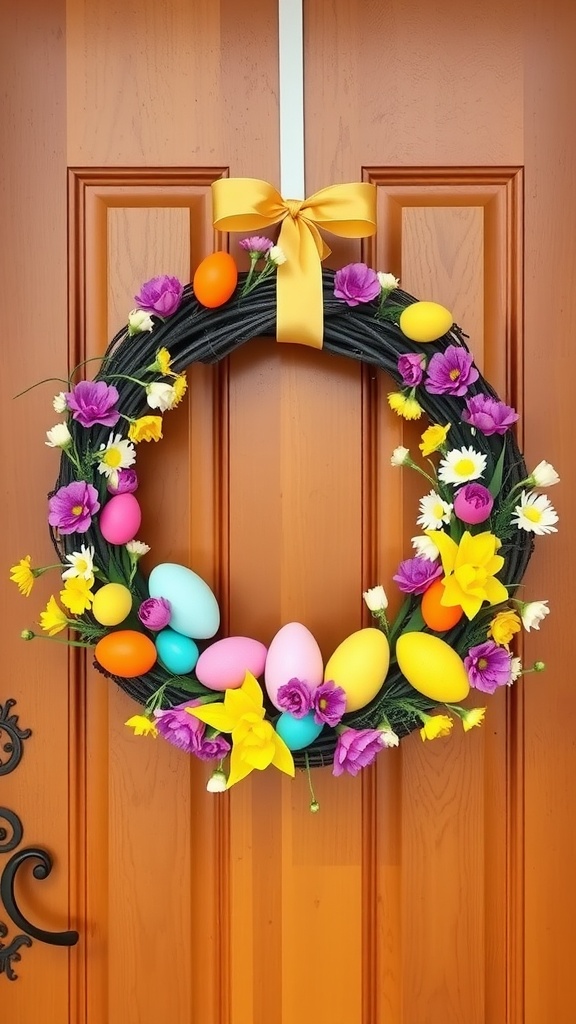 A colorful wreath made of pastel eggs and bright flowers hanging on a wooden door.