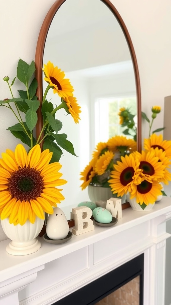 A bright and cheerful mantel display featuring sunflowers, decorative eggs, and letters.