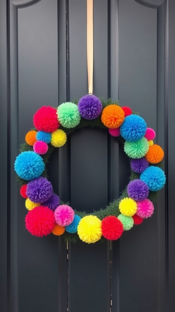 A colorful pom-pom wreath with various sizes of pom-poms in bright colors hanging on a door.