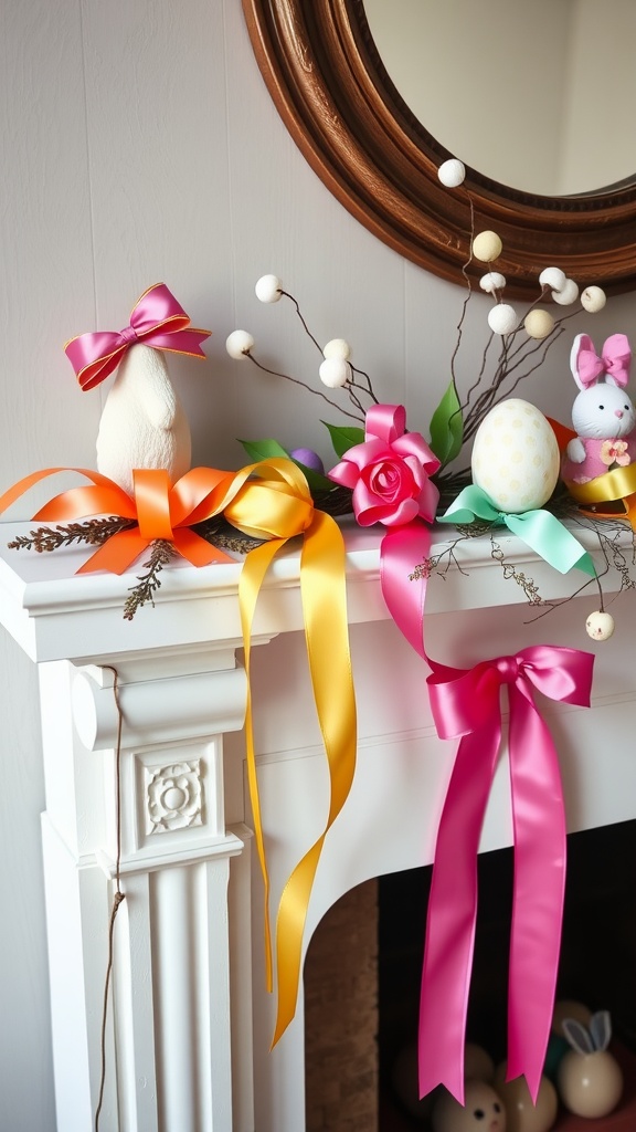 A beautifully decorated mantel featuring brightly colored ribbons, floral accents, and Easter-themed decorations.