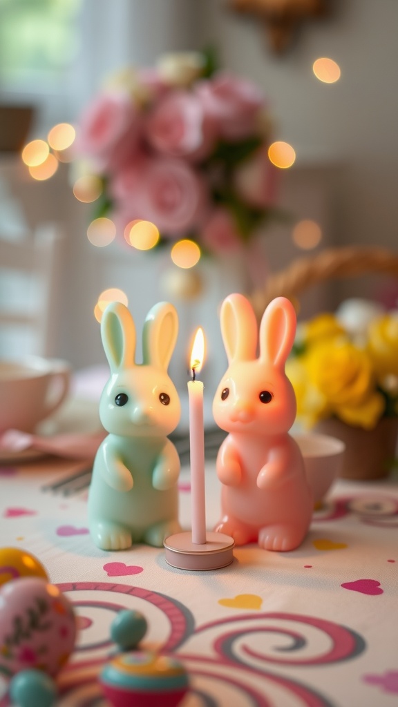 Two bunny-shaped candles in pastel colors with a lit candle in between, surrounded by Easter decorations.