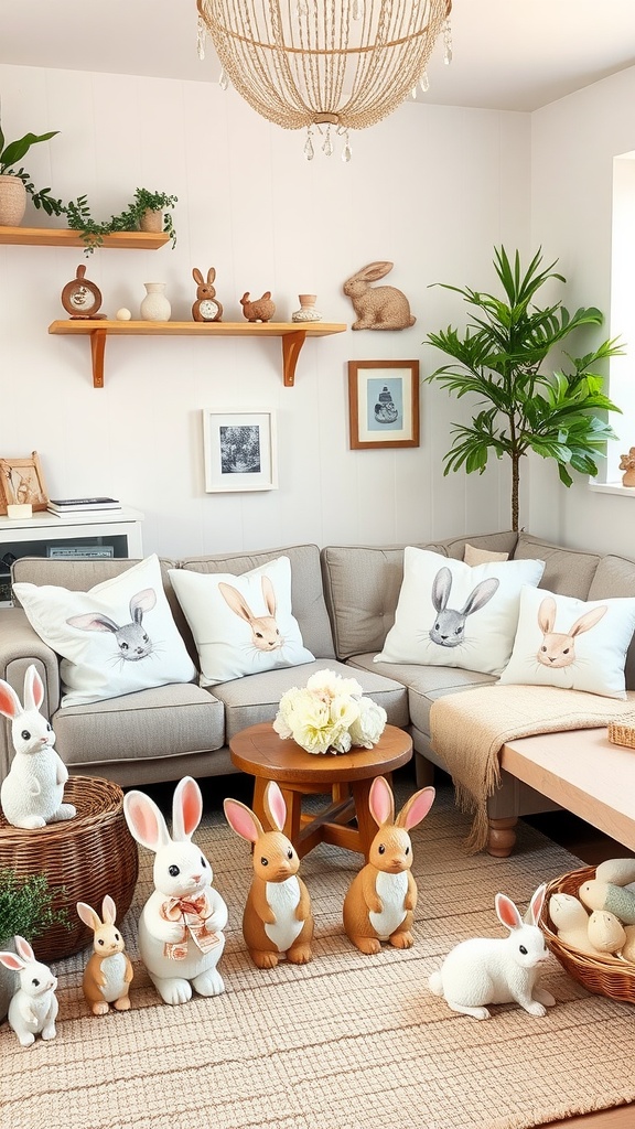 A cozy living room decorated with various bunny-themed accents, including pillows, figurines, and a plant.