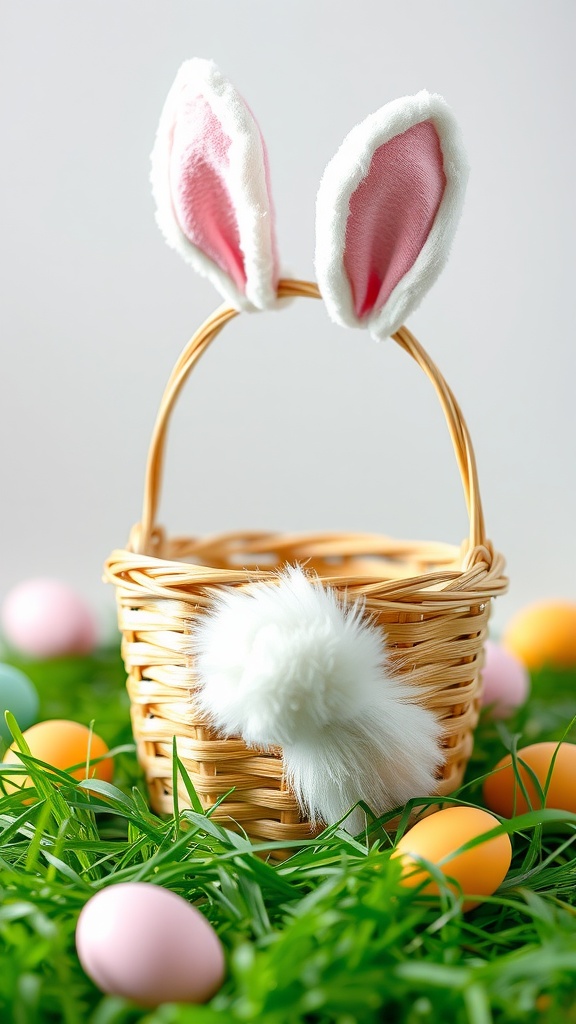 A wicker basket with bunny ears and a fluffy tail, surrounded by colorful Easter eggs.