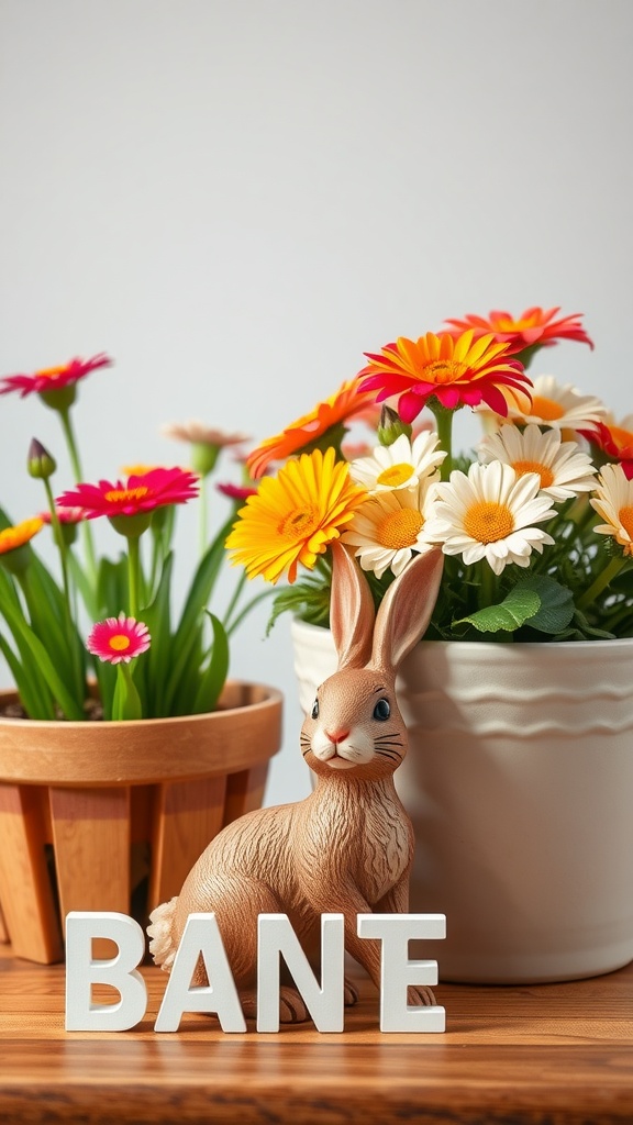 A decorative Easter display featuring a bunny figurine, colorful flowers in pots, and decorative letters spelling 'BANE'.