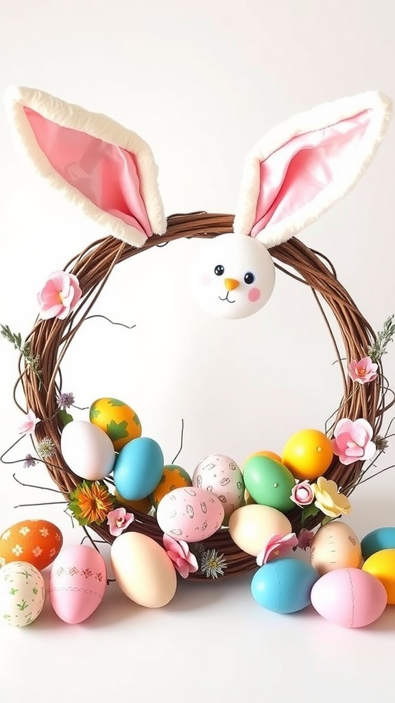 A wreath decorated with a bunny face and colorful Easter eggs, featuring pink bunny ears and flowers.