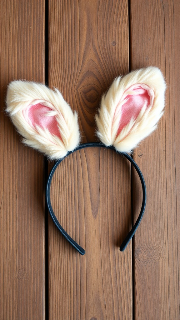 Bunny ears headband placed on a wooden surface