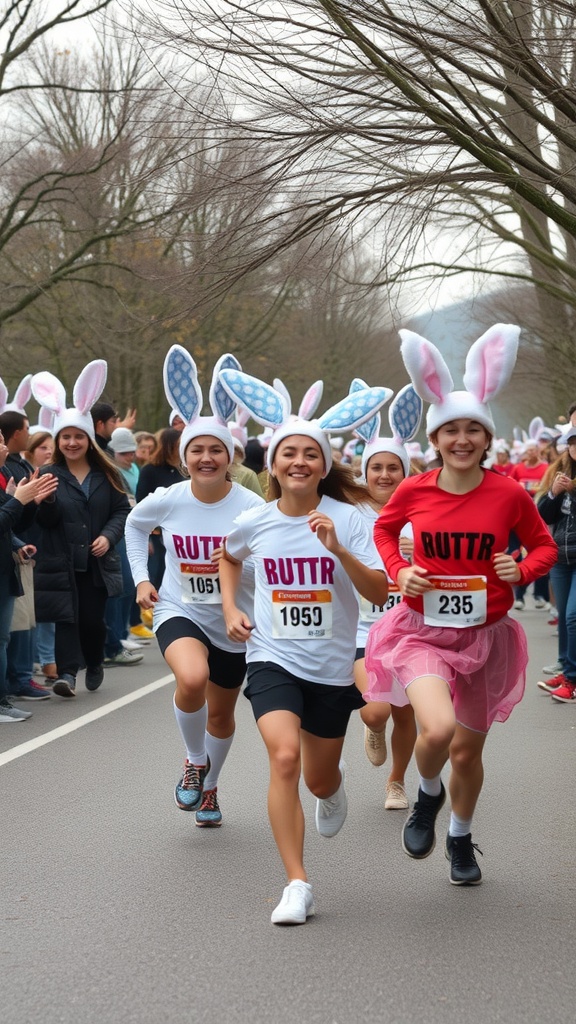 Participants in a fun run wearing bunny ears, showcasing the spirit of a Bunny Ears Relay.