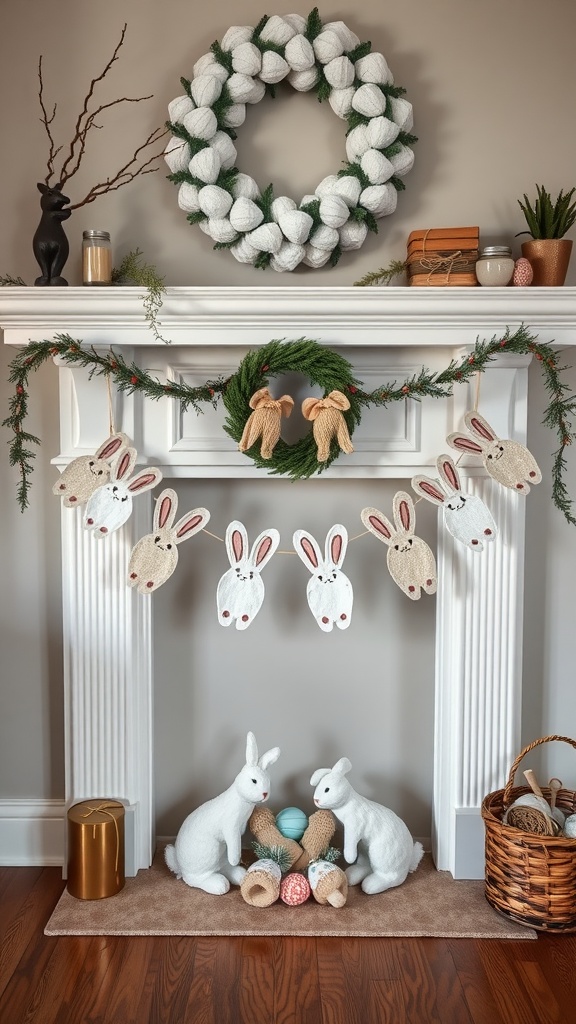 A mantel decorated with a Bunny Footprints Garland featuring cute bunny designs, complemented by a wreath and other decorative accents.