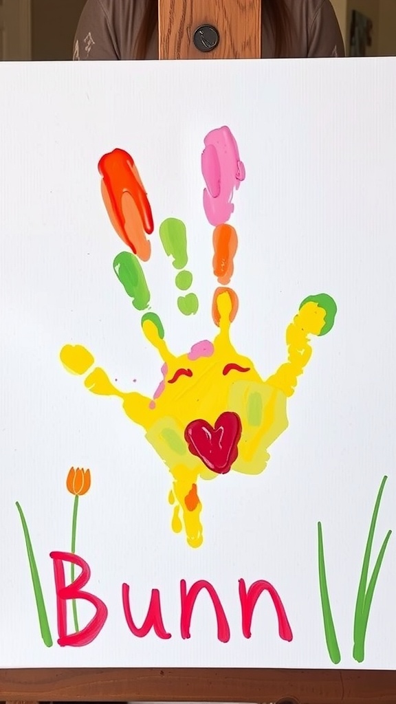 Colorful bunny handprint art made by a toddler, with bright colors and cute details.