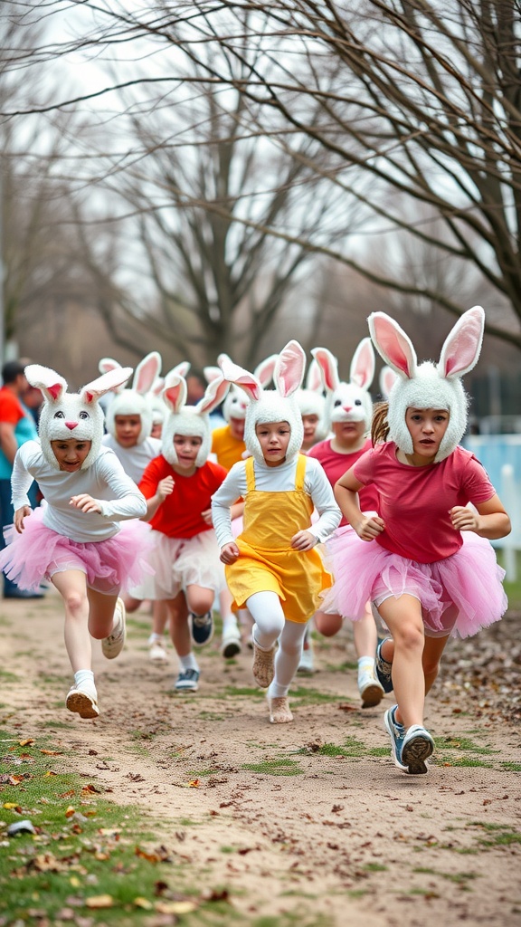 A group of children in bunny costumes running in a relay race.