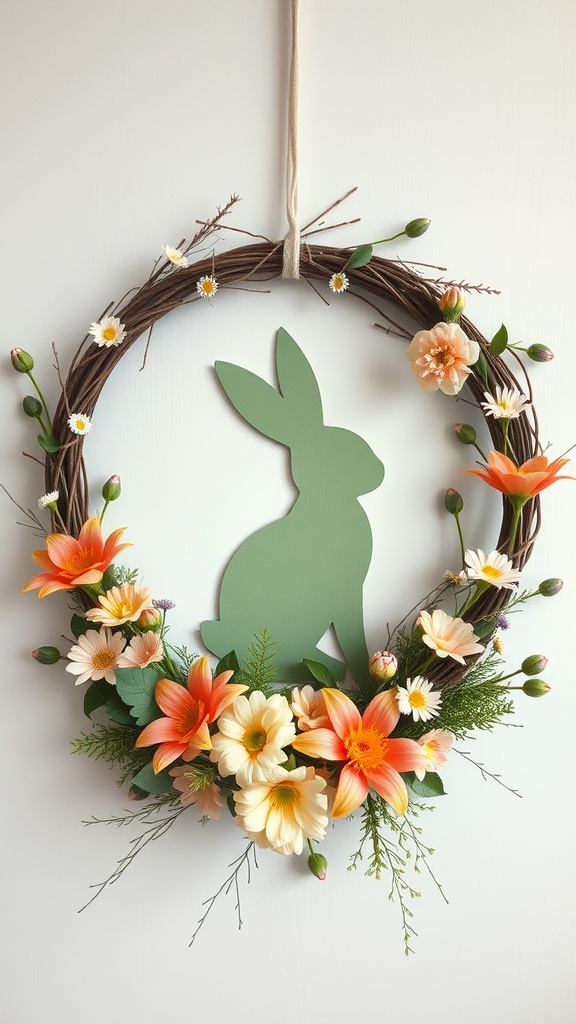 A decorative Easter wreath with a green bunny silhouette and colorful flowers.