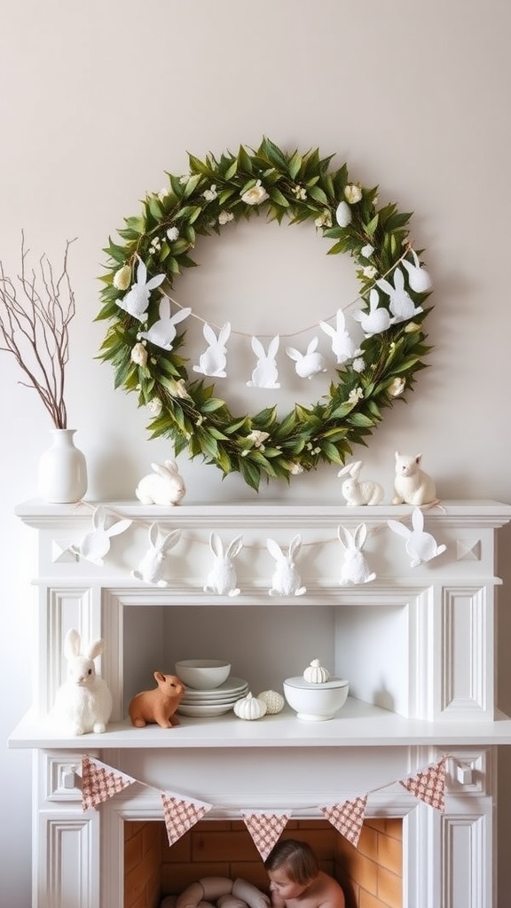 A mantel decorated with a Bunny Silhouette Garland, featuring white bunny silhouettes and greenery.